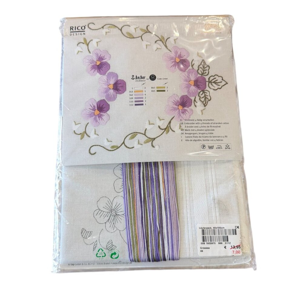 Rico Design Floral Table Runner Embroidery Kit 48565 16"x39" White Purple Cotton - Picture 6 of 7